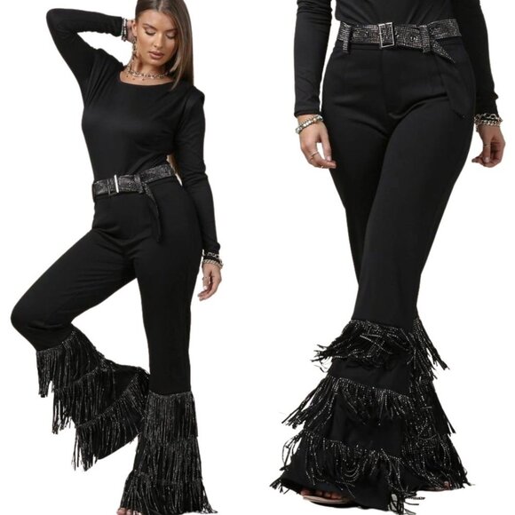 Nylon Apparel Pants - NYLON APPAREL Silver Sparkle Studded Fringe High Waist Western Cha Cha Pants NWT